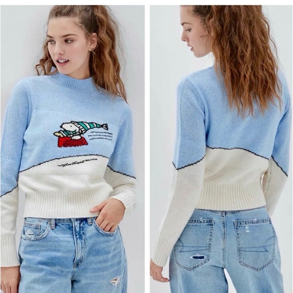 American Eagle Snoopy Peanuts Blue White‎ Mock Neck Sweater XXS RARE